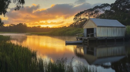 Fototapeta premium Sunrise over a boathouse on a river in Perth, Western Australia.