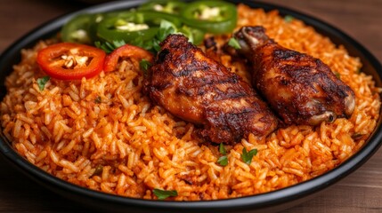 Fototapeta premium Delicious grilled chicken legs served on a bed of spicy tomato rice garnished with fresh herbs and jalapeño slices