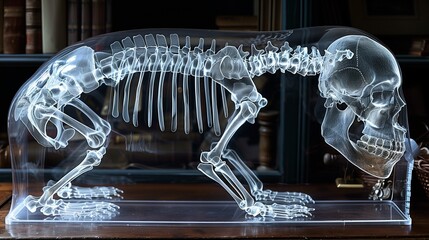 A striking display of a transparent animal skeleton with visible bones showcased on a platform in a dimly lit room with books