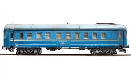 Naklejka premium A blue passenger wagon, reminiscent of an old Soviet train, isolated on a white background.