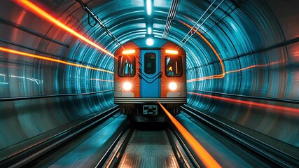 High-speed train moving through a neon-lit underground subway tunnel with motion blur effects
 - Powered by Adobe