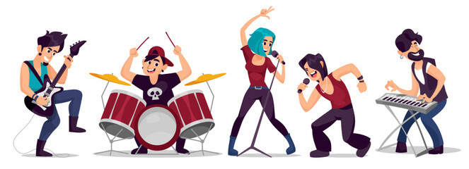 Cartoon vector illustration of a dynamic rock band performing on stage, featuring a guitarist, drummer, vocalist, and keyboardist isolated on white background. Cute flat style characters