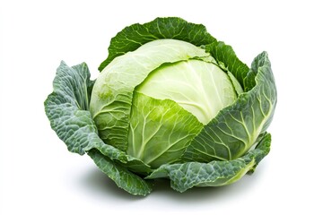 Obraz premium Green cabbage isolated on white background, showing its fresh and vibrant leaves, ideal for healthy recipes