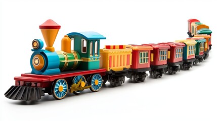 A children's amusement park train, featuring small wagons and isolated on a white background.
