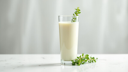A glass of fresh milk with a sprinkle of dandelion greens on top, sitting on a marble surface.