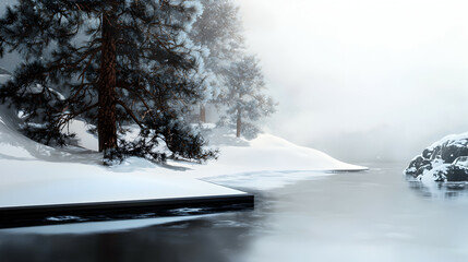 A snowy scene of a lake surrounded by frosted trees
