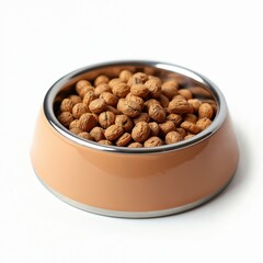 Dog food bowl isolated on white background. Brown, dry, healthy pet food. Balanced diet. Animal nourishment in dish, plate. Cat food. Bowl with cereal, snacks, heap of organic ingredients, dried