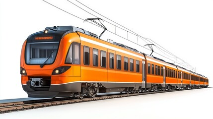 Fototapeta premium A city electric train with a long composition of wagons, isolated against a white background.