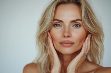 Fototapeta premium beautiful senior woman touching her face, light background, skin care commercial style, beauty photography, professional studio lighting, white , beautiful hair and makeup
