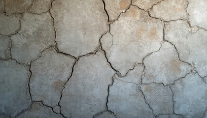 Fototapeta premium Closeup of cracked, weathered gray wall texture. Rough, distressed concrete surface with aged details. Industrial, rustic look with broken cement background. Grunge, urban decay, worn structural