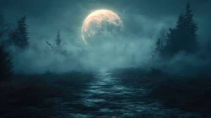 Fototapeta premium Mystical Moonlit Night in a Foggy Forest