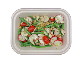Fresh Green Bean Salad with Cherry Tomatoes, Radish, Almonds, and Chickpeas in a Takeout Tray