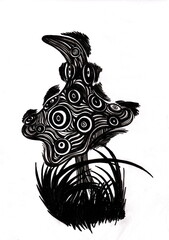 Black and white image of a fantastic mushroom, drawn with a liner.