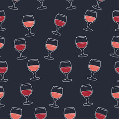 Elegant seamless pattern of red wine glass illustrations on dark background. Ideal for packaging creative projects.