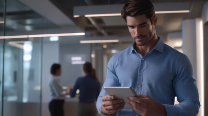 Fototapeta premium Focused entrepreneur using tablet, walking through modern office space, connecting to wireless network, accessing information, managing business operations