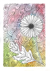 Illustration of a flower on a watercolor background complemented by intricate patterns.
