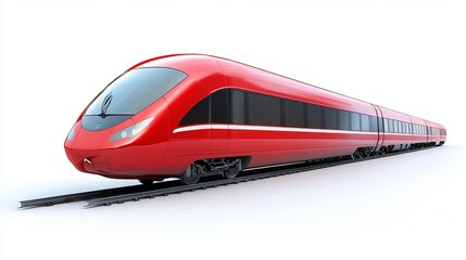 Naklejka premium A creative abstract concept of railway transportation and tourism, featuring a red high-speed passenger train isolated on a white background.