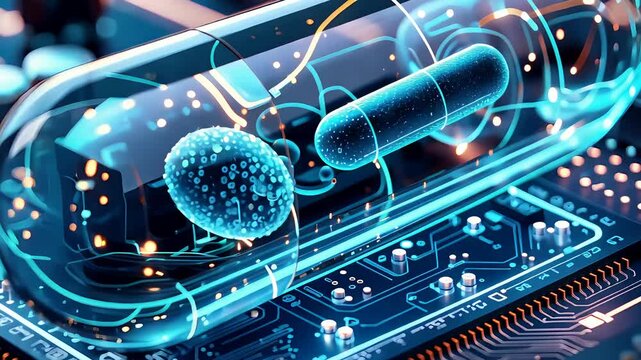 Advanced futuristic virus visualization in a digital microscopic environment with glowing details
