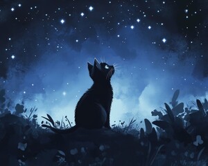 Midnight blue and white cat with starry sky view