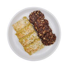 Homemade Protein Bars with Coconut and Chocolate Oats on a White Plate