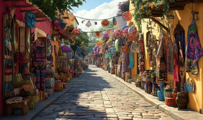 Colorful market street lined with crafts and vibrant decorations.