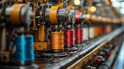 Naklejka premium Industrial Thread Manufacturing: A Close-Up View of Colorful Spools Winding on a Complex Machine in a Factory Setting