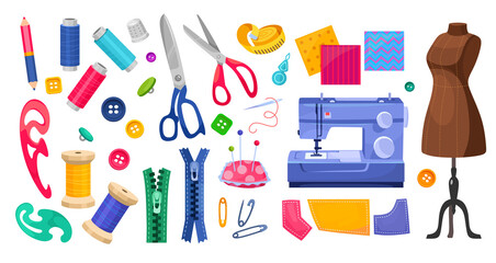 Creative sewing tools and craft supplies layout for fashion design and DIY projects. Cartoon vector illustration fashion elements icon set: sewing machine, scissors, buttons, and colorful threads