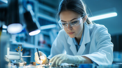Engineer woman soldering a motherboard in a modern IT facility