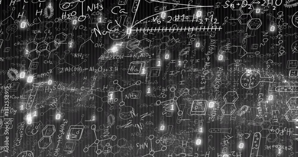 Poster Animation of scientific formulas and molecular structures over digital binary code background
