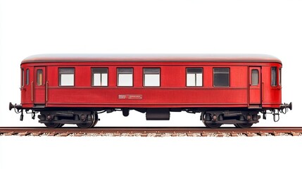 Fototapeta premium A red passenger train wagon positioned on rails, isolated against a white background with a clipping path included.