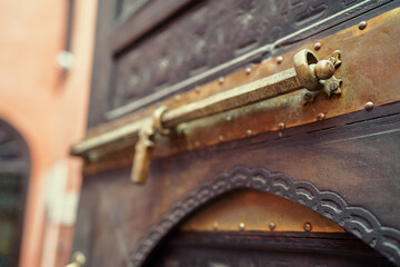 Close-up of an ornate metal latch on a wooden door with intricate carvings.