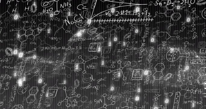 Animation of scientific formulas and molecular structures over digital binary code background