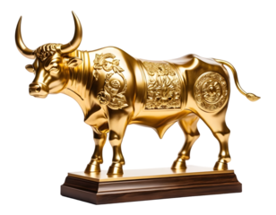Intricately Carved Golden Bull Statue on Rectangular Wooden Base