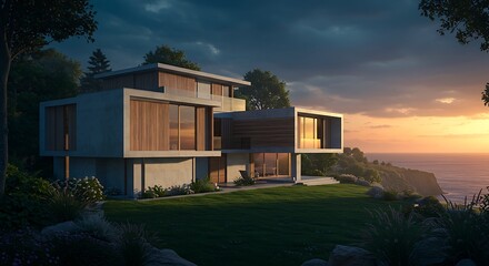 Modern House Overlooking Ocean at Sunset with Lush Green Lawn