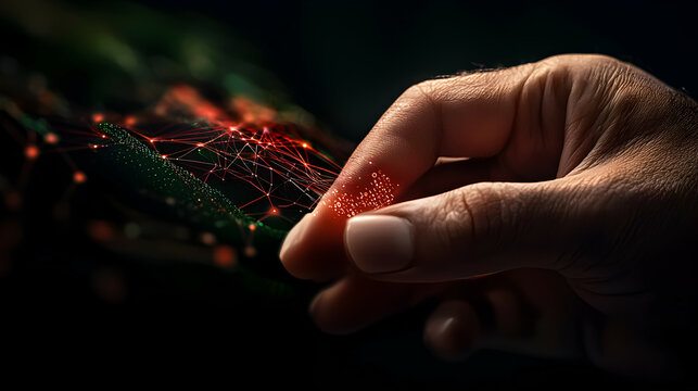 A human hand touches a digital network with red data points
