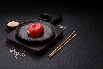 Donut shaped sushi rolls with salmon, shrimp and tuna