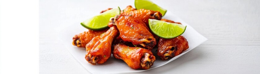buffalo wings with lime wedges, zesty touch, vibrant food photography, isolated on white background