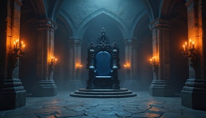 Majestic gothic dark fantasy hall with throne, torches, perfect for mediaeval fantasy settings. Eerie castle interior with stone walls, candle light creating atmospheric mood. Grand palace with