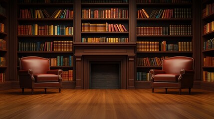 Elegant library interior with wooden bookshelves, cozy seating, and a warm atmosphere