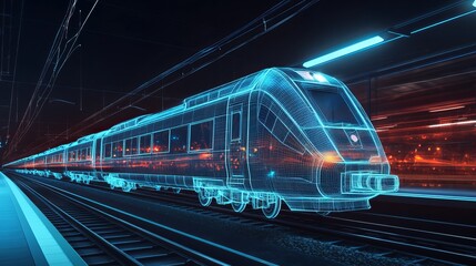 An abstract low-poly 3D wireframe representation of a modern train at a railway station or metro, illustrating a rapid transit system and railway logistics concept in vector format. 