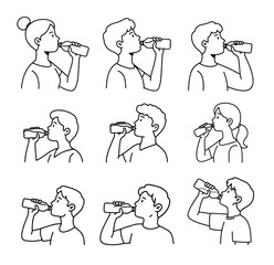 A stylish icon set with simple lines featuring individuals drinking water.