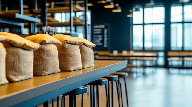 Bags of coffee beans lined up on a modern cafe counter with a stylish interior and large windows