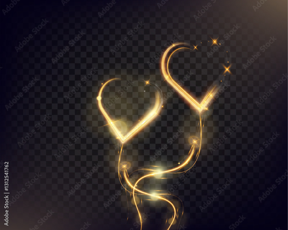 Poster golden glowing heart shapes, light trails in a dark background. romantic valentine’s day design elem
