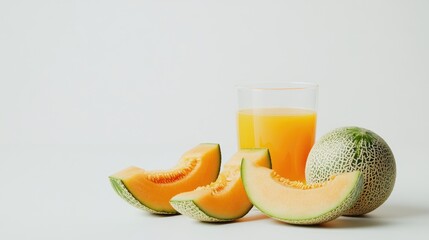 Fresh Melon Juice with Slices and Whole Fruit on a Light Background