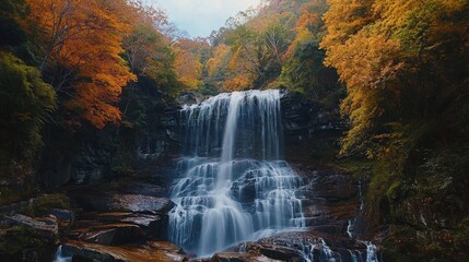 Amazing in nature, beautiful waterfall at colorful autumn forest in fall season