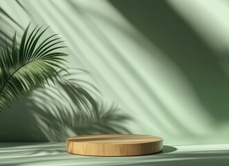 3D rendering of a wooden podium on a green background with a shadow mock-up, a minimal scene for displaying a product in a studio room