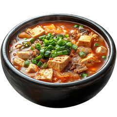 A Bowl of Korean Kimchi Jjigae Stew with Tofu and Green Onions Isolated on Transparent Background