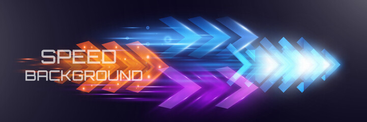 Obraz premium Futuristic speed background with glowing arrows, motion blur, digital technology concept, fast-moving elements, dynamic light trails, high-tech energy flow, acceleration effect, sci-fi motion design. 