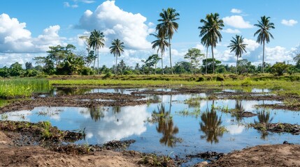 Obraz premium Tropical rice paddy landscape reflecting clouds