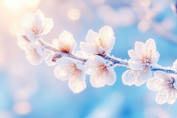 Delicate frost adorns branches with nature's icy artistry at dawn's gentle touch in a serene winter landscape